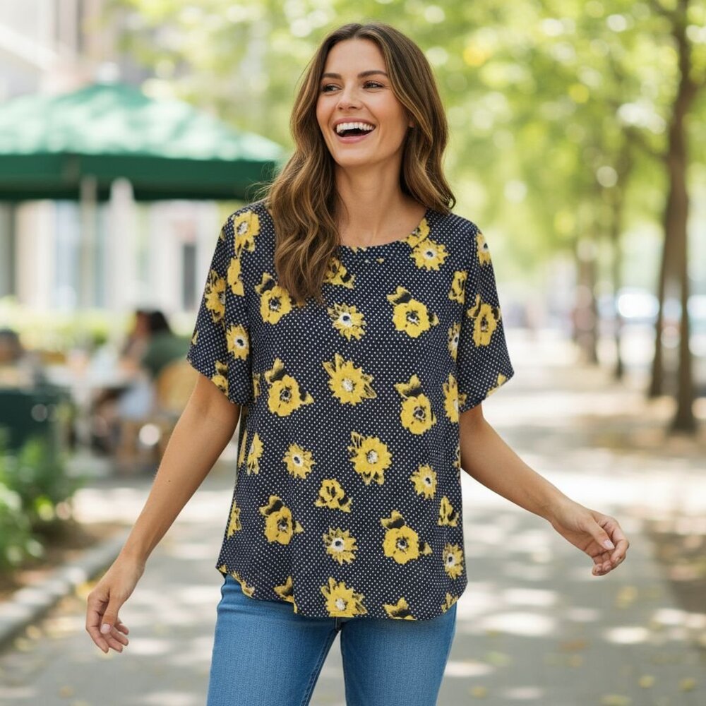 Banana Republic Navy Floral Polka Dot Short Sleeve Lightweight Top